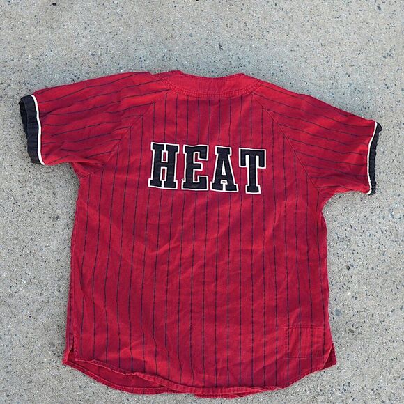 Mitchell & Ness Miami Heat Pinstripe Baseball Jersey Button-Up Shirt Red Medium - Picture 2 of 10